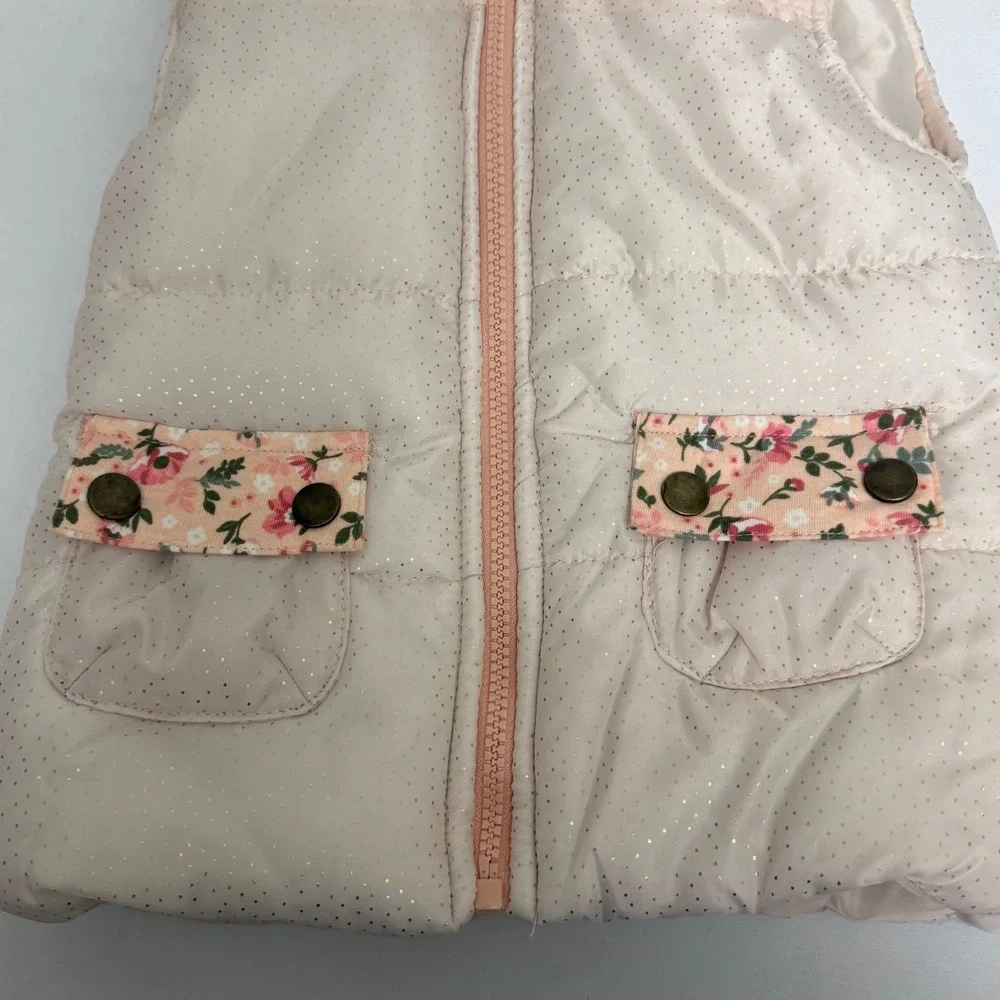 Little Lass Kids 4T Pink Cream Puffer Vest Gold Polka Dot Faux Fur Hood Floral